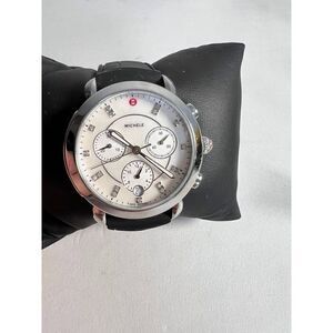 Michele Women’s Black Leather Straps White Analog Chrono Dial Swiss Made Wristwa